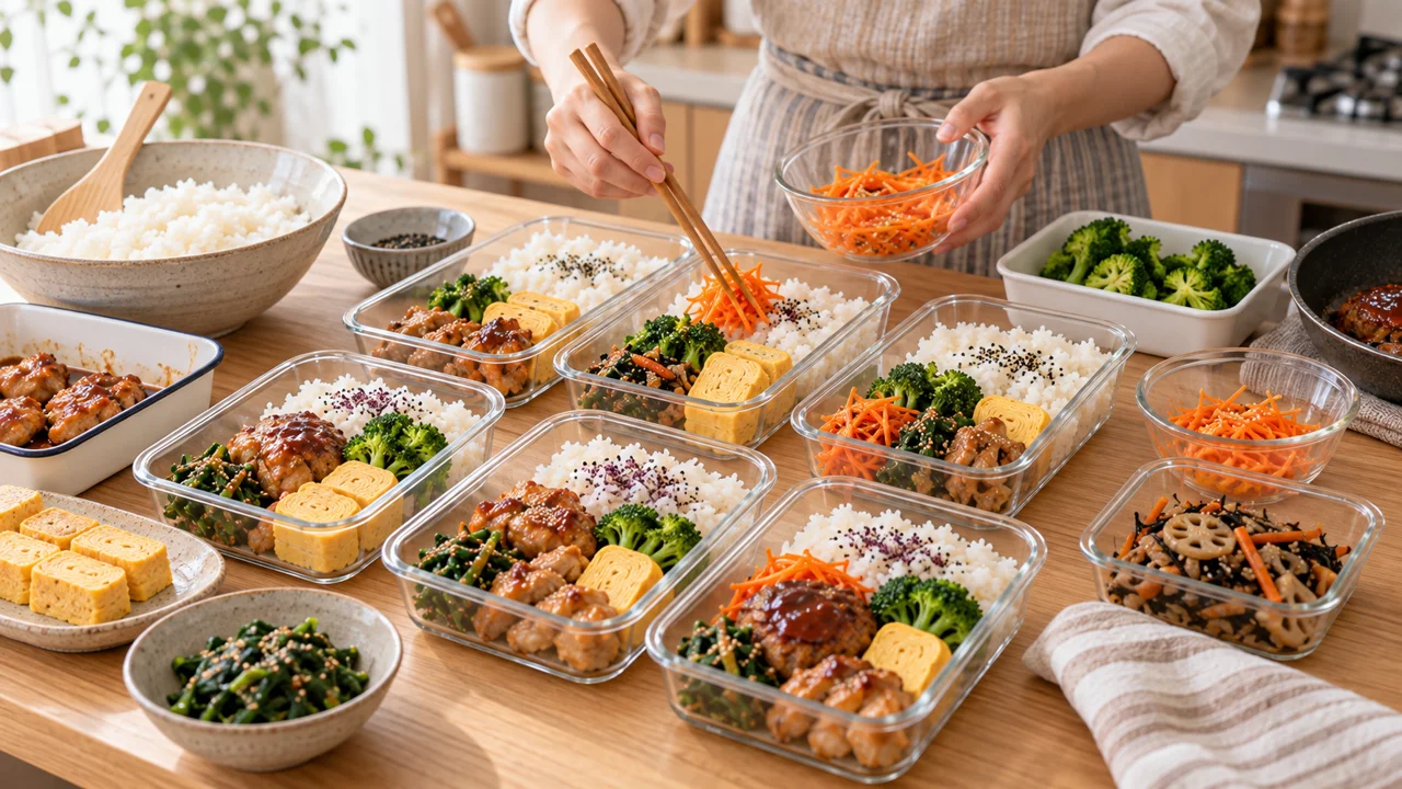 明るい家庭のキッチンで、複数のお弁当におかずを取り分ける様子