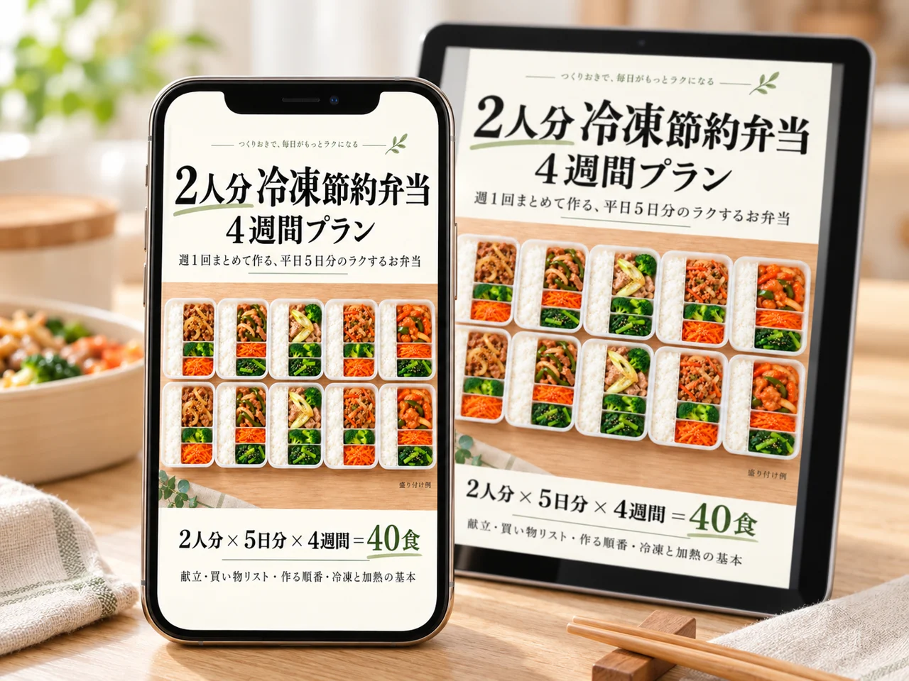 スマートフォンとタブレットに表示された「2人分 冷凍節約弁当 4週間プラン」の表紙